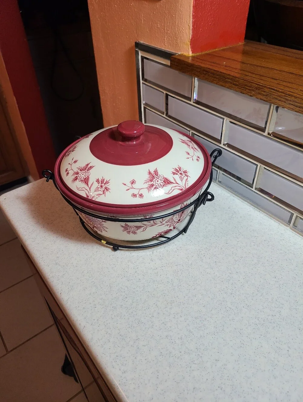 Temp-Tations Cream and Burgundy Floral Covered Serving Dish